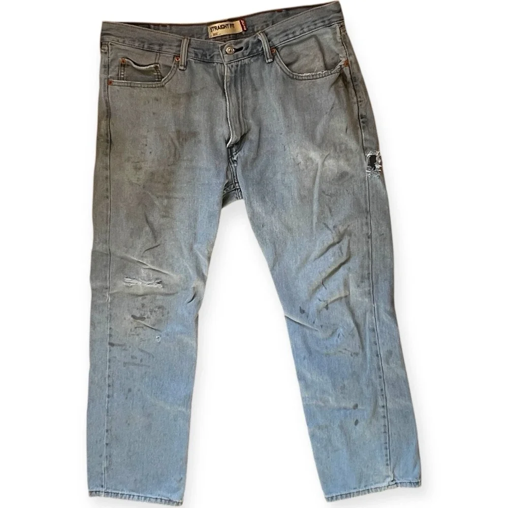 Levis 505 Jeans‎ Mens 38x32 Medium Wash Straight Fit Denim Work Grunge Thrashed